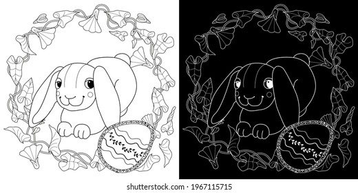 Easter egg hunt in flowers. Little bunny collecting painted eggs 
among flowers, a black and white vector illustration for a coloring book. Art therapy coloring page.