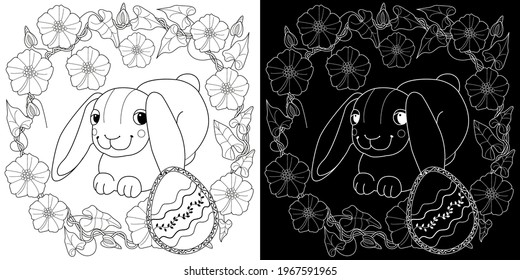 Easter egg hunt in flowers. Little bunny collecting painted eggs 
among flowers, a black and white vector illustration for a coloring book. Art therapy coloring page.