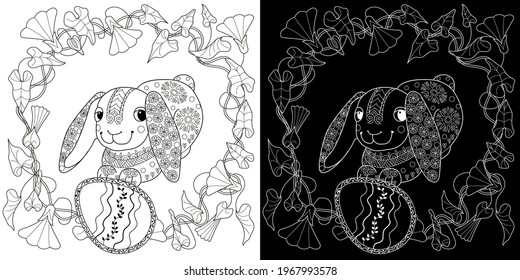 Easter egg hunt in flowers. Little bunny collecting painted eggs 
among flowers, a black and white vector illustration for a coloring book. Art therapy coloring page.