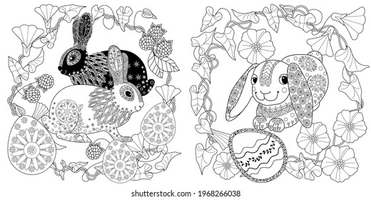 Easter egg hunt in flowers. Little bunny collecting painted eggs 
among flowers, a black and white vector illustration for a coloring book. Art therapy coloring page.