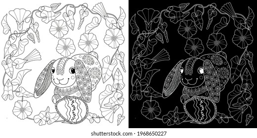Easter egg hunt in flowers. Little bunny collecting painted eggs 
among flowers, a black and white vector illustration for a coloring book. Art therapy coloring page.