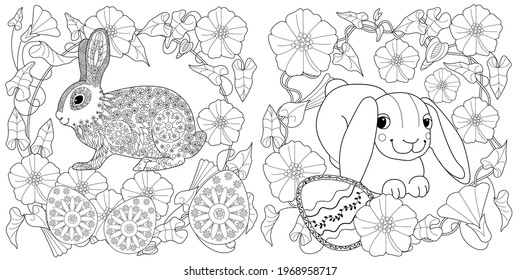 Easter egg hunt in flowers. Little bunny collecting painted eggs 
among flowers, a black and white vector illustration for a coloring book. Art therapy coloring page.