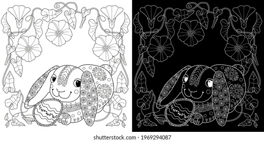 Easter egg hunt in flowers. Little bunny collecting painted eggs 
among flowers, a black and white vector illustration for a coloring book. Art therapy coloring page.