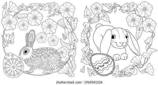 Easter egg hunt in flowers. Little bunny collecting painted eggs 
among flowers, a black and white vector illustration for a coloring book. Art therapy coloring page.
