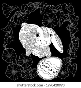 Easter egg hunt in flowers. Little bunny collecting painted eggs 
among flowers, a black and white vector illustration for a coloring book. Art therapy coloring page.