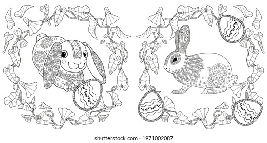 Easter egg hunt in flowers. Little bunny collecting painted eggs 
among flowers, a black and white vector illustration for a coloring book. Art therapy coloring page.