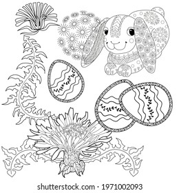 Easter egg hunt in flowers. Little bunny collecting painted eggs 
among flowers, a black and white vector illustration for a coloring book. Art therapy coloring page.