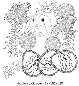 Easter egg hunt in flowers. Little bunny collecting painted eggs 
among flowers, a black and white vector illustration for a coloring book. Art therapy coloring page.