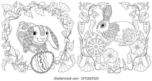 Easter egg hunt in flowers. Little bunny collecting painted eggs 
among flowers, a black and white vector illustration for a coloring book. Art therapy coloring page.