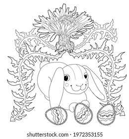 Easter egg hunt in flowers. Little bunny collecting painted eggs 
among flowers, a black and white vector illustration for a coloring book. Art therapy coloring page.