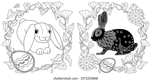 Easter egg hunt in flowers. Little bunny collecting painted eggs 
among flowers, a black and white vector illustration for a coloring book. Art therapy coloring page.