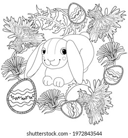 Easter egg hunt in flowers. Little bunny collecting painted eggs 
among flowers, a black and white vector illustration for a coloring book. Art therapy coloring page.