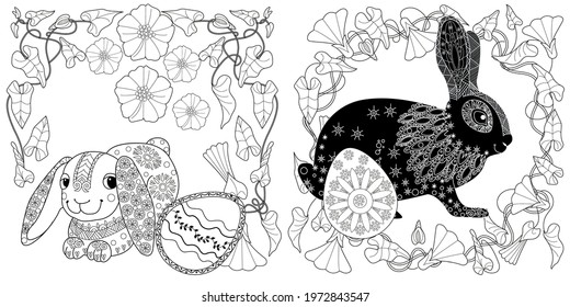 Easter egg hunt in flowers. Little bunny collecting painted eggs 
among flowers, a black and white vector illustration for a coloring book. Art therapy coloring page.
