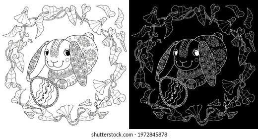 Easter egg hunt in flowers. Little bunny collecting painted eggs 
among flowers, a black and white vector illustration for a coloring book. Art therapy coloring page.