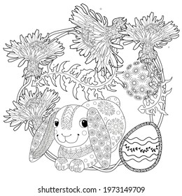 Easter egg hunt in flowers. Little bunny collecting painted eggs 
among flowers, a black and white vector illustration for a coloring book. Art therapy coloring page.
