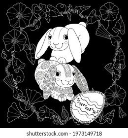 Easter egg hunt in flowers. Little bunny collecting painted eggs 
among flowers, a black and white vector illustration for a coloring book. Art therapy coloring page.