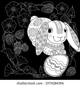 Easter egg hunt in flowers. Little bunny collecting painted eggs 
among flowers, a black and white vector illustration for a coloring book. Art therapy coloring page.