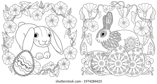 Easter egg hunt in flowers. Little bunny collecting painted eggs 
among flowers, a black and white vector illustration for a coloring book. Art therapy coloring page.