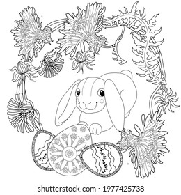 Easter egg hunt in flowers. Little bunny collecting painted eggs 
among flowers, a black and white vector illustration for a coloring book. Art therapy coloring page.