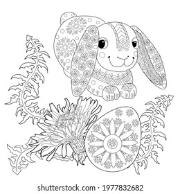 Easter egg hunt in flowers. Little bunny collecting painted eggs 
among flowers, a black and white vector illustration for a coloring book. Art therapy coloring page.