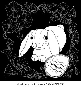Easter egg hunt in flowers. Little bunny collecting painted eggs 
among flowers, a black and white vector illustration for a coloring book. Art therapy coloring page.