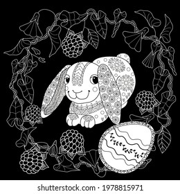 Easter egg hunt in flowers. Little bunny collecting painted eggs 
among flowers, a black and white vector illustration for a coloring book. Art therapy coloring page.