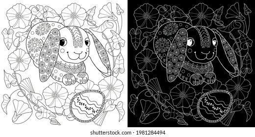 Easter egg hunt in flowers. Little bunny collecting painted eggs 
among flowers, a black and white vector illustration for a coloring book. Art therapy coloring page.