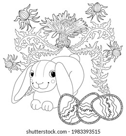 Easter egg hunt in flowers. Little bunny collecting painted eggs 
among flowers, a black and white vector illustration for a coloring book. Art therapy coloring page.