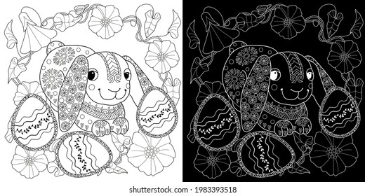 Easter egg hunt in flowers. Little bunny collecting painted eggs 
among flowers, a black and white vector illustration for a coloring book. Art therapy coloring page.