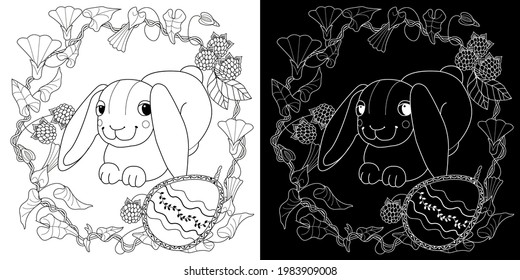 Easter egg hunt in flowers. Little bunny collecting painted eggs 
among flowers, a black and white vector illustration for a coloring book. Art therapy coloring page.