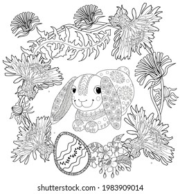 Easter egg hunt in flowers. Little bunny collecting painted eggs 
among flowers, a black and white vector illustration for a coloring book. Art therapy coloring page.