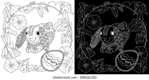 Easter egg hunt in flowers. Little bunny collecting painted eggs 
among flowers, a black and white vector illustration for a coloring book. Art therapy coloring page.