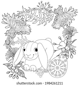 Easter egg hunt in flowers. Little bunny collecting painted eggs 
among flowers, a black and white vector illustration for a coloring book. Art therapy coloring page.
