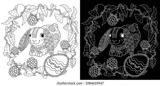 Easter egg hunt in flowers. Little bunny collecting painted eggs 
among flowers, a black and white vector illustration for a coloring book. Art therapy coloring page.
