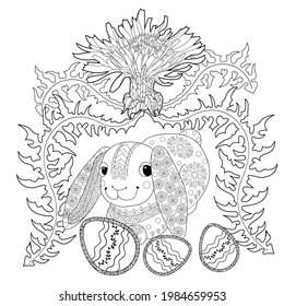 Easter egg hunt in flowers. Little bunny collecting painted eggs 
among flowers, a black and white vector illustration for a coloring book. Art therapy coloring page.