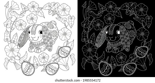 Easter egg hunt in flowers. Little bunny collecting painted eggs 
among flowers, a black and white vector illustration for a coloring book. Art therapy coloring page.