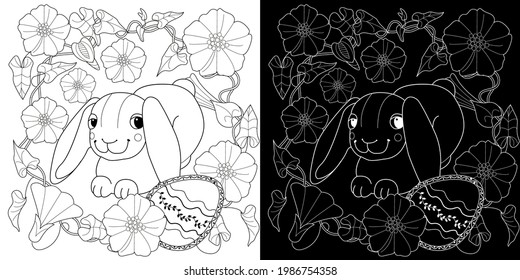 Easter egg hunt in flowers. Little bunny collecting painted eggs 
among flowers, a black and white vector illustration for a coloring book. Art therapy coloring page.