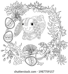 Easter egg hunt in flowers. Little bunny collecting painted eggs 
among flowers, a black and white vector illustration for a coloring book. Art therapy coloring page.