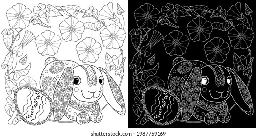 Easter egg hunt in flowers. Little bunny collecting painted eggs 
among flowers, a black and white vector illustration for a coloring book. Art therapy coloring page.