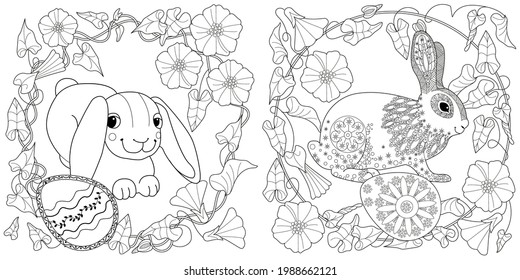 Easter egg hunt in flowers. Little bunny collecting painted eggs 
among flowers, a black and white vector illustration for a coloring book. Art therapy coloring page.