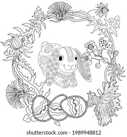 Easter egg hunt in flowers. Little bunny collecting painted eggs 
among flowers, a black and white vector illustration for a coloring book. Art therapy coloring page.