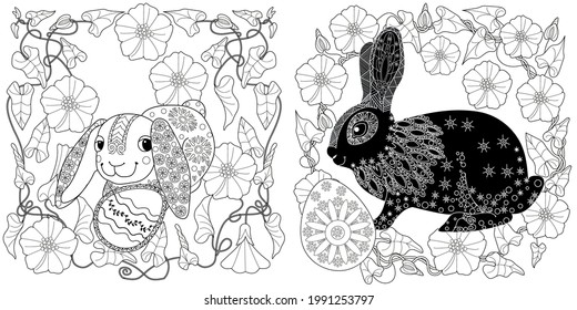 Easter egg hunt in flowers. Little bunny collecting painted eggs 
among flowers, a black and white vector illustration for a coloring book. Art therapy coloring page.