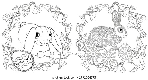 Easter egg hunt in flowers. Little bunny collecting painted eggs 
among flowers, a black and white vector illustration for a coloring book. Art therapy coloring page.