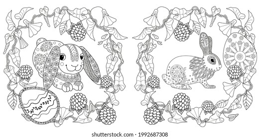 Easter egg hunt in flowers. Little bunny collecting painted eggs 
among flowers, a black and white vector illustration for a coloring book. Art therapy coloring page.