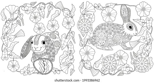 Easter egg hunt in flowers. Little bunny collecting painted eggs 
among flowers, a black and white vector illustration for a coloring book. Art therapy coloring page.