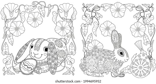 Easter egg hunt in flowers. Little bunny collecting painted eggs 
among flowers, a black and white vector illustration for a coloring book. Art therapy coloring page.