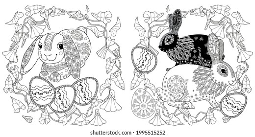 Easter egg hunt in flowers. Little bunny collecting painted eggs 
among flowers, a black and white vector illustration for a coloring book. Art therapy coloring page.