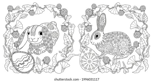Easter egg hunt in flowers. Little bunny collecting painted eggs 
among flowers, a black and white vector illustration for a coloring book. Art therapy coloring page.