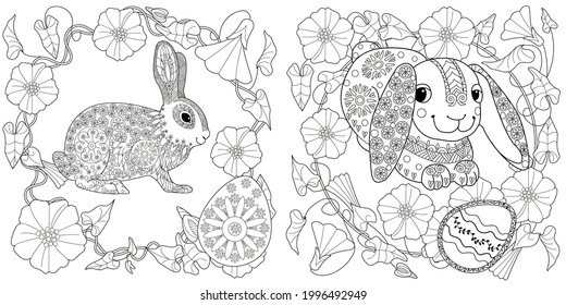 Easter egg hunt in flowers. Little bunny collecting painted eggs 
among flowers, a black and white vector illustration for a coloring book. Art therapy coloring page.
