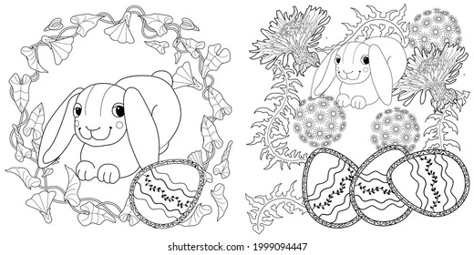 Easter egg hunt in flowers. Little bunny collecting painted eggs 
among flowers, a black and white vector illustration for a coloring book. Art therapy coloring page.